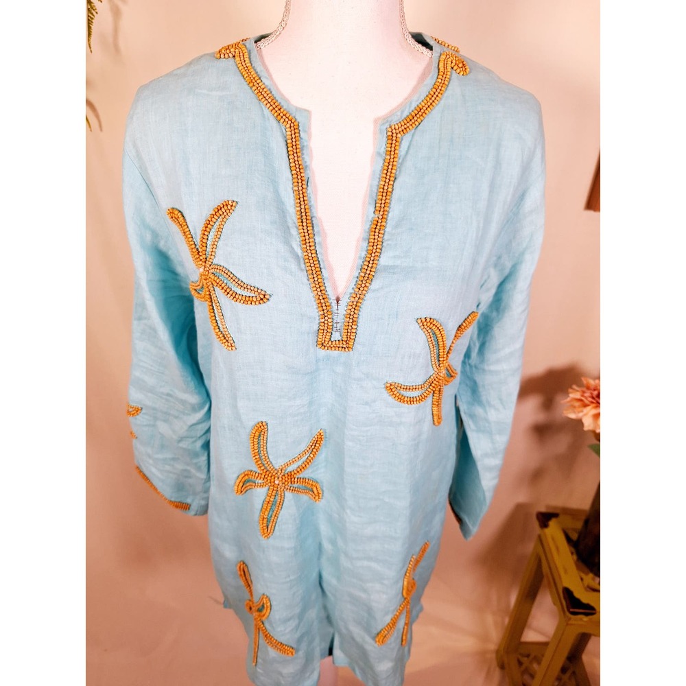 Keylime & Pink Women's Starfish Beaded Tunic Large Made in Pakistan - Picture 3 of 8